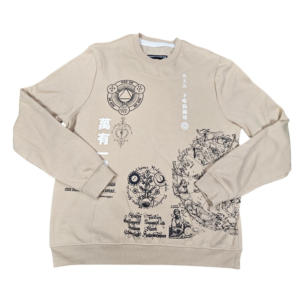 Blind Rooster Sweatshirt Mens L Tan Occult Celestial Alchemical Graphic Crewneck